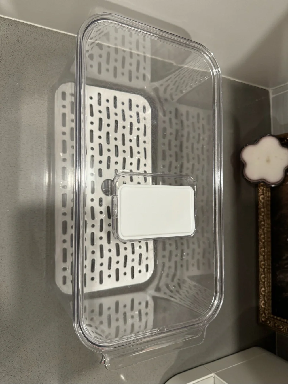 Clear Plastic Kitchen Storage Container with White Drain Tray